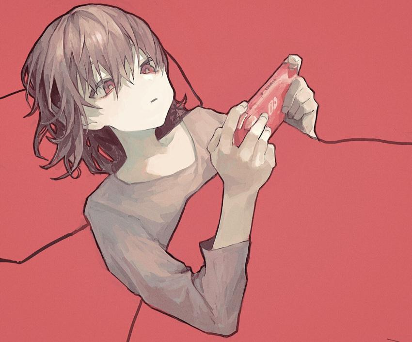 1249abcde 1girl blanket brown_hair fingernails hair_between_eyes holding lying medium_hair nintendo_switch on_back original parted_lips pillow pink_eyes red_background simple_background solo