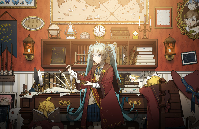 1boy 2girls absurdres blonde_hair blue_eyes blue_hair book bookshelf bow bug butterfly candle chair cloak clock cup desk drawer framed_image globe hair_bow hair_ornament hat hat_removed hatsune_miku headwear_removed highres insect kagamine_len kagamine_rin kaito letter map megurine_luka meiko multiple_girls painting_(object) plaid plaid_skirt pleated_skirt quill re_eva ribbon sitting skirt teacup twintails vocaloid wand witch_hat x_hair_ornament