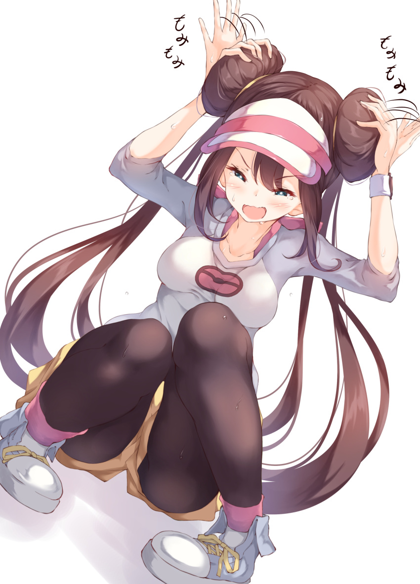 1girl absurdres black_legwear blue_eyes breasts brown_hair double_bun highres legwear_under_shorts long_hair medium_breasts mei_(pokemon) open_mouth pantyhose pokemon pokemon_(game) pokemon_bw2 raglan_sleeves shoes short_shorts shorts simple_background sneakers solo twintails ukiwakisen very_long_hair visor_cap white_background white_footwear yellow_shorts