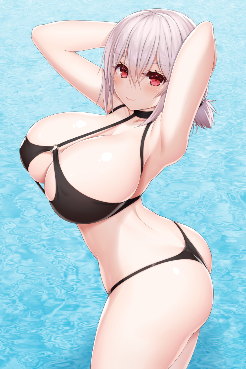 1girl armpits arms_behind_head arms_up asamura_hiori ass azur_lane bangs bare_shoulders bikini black_bikini blush breasts closed_mouth collarbone hair_between_eyes highres huge_breasts looking_at_viewer low_twintails o-ring red_eyes short_hair short_twintails sirius_(azur_lane) sirius_(midsummer_seirios)_(azur_lane) smile solo swimsuit thighs twintails water white_hair