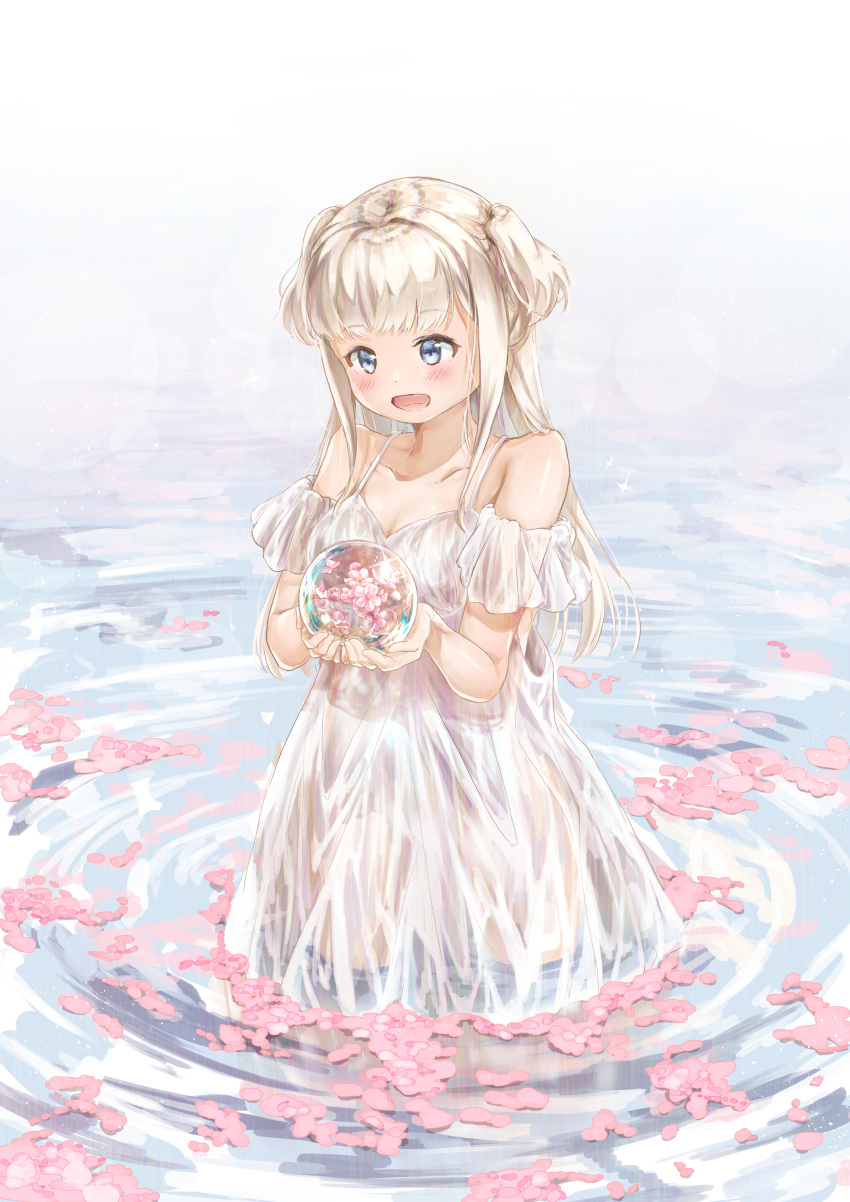 1girl :d absurdres blue_eyes blush cherry_blossoms crystal_ball day dress fumizuki_lily highres open_mouth original outdoors ripples see-through sidelocks smile solo two_side_up wading water wet white_dress white_hair