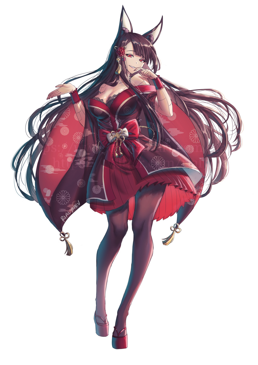 1girl absurdres akagi_(azur_lane) animal_ears arms_up azur_lane bare_shoulders black_bra black_hair black_kimono black_legwear blush bra breasts eyebrows_visible_through_hair floral_print flower fox_ears fox_girl full_body hair_flower hair_ornament highres japanese_clothes kimono large_breasts long_hair looking_at_viewer oiran pantyhose pleated_skirt red_eyes red_flower red_footwear red_skirt rialynkv simple_background skirt smile solo tail underwear white_background wide_sleeves
