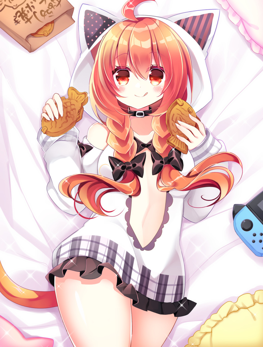 1girl :q ahoge animal_ears animal_hood bag bangs bare_shoulders bed_sheet black_bow blush bow braid cat_ears cat_hood closed_mouth commentary_request eyebrows_visible_through_hair fake_animal_ears food frilled_hoodie frilled_pillow frills hair_between_eyes hair_bow highres holding holding_food hood hood_up hoodie long_hair long_sleeves lying nintendo_switch on_back original paper_bag pillow puffy_long_sleeves puffy_sleeves red_eyes redhead shikito sleeves_past_wrists smile solo taiyaki tongue tongue_out twin_braids wagashi white_hoodie