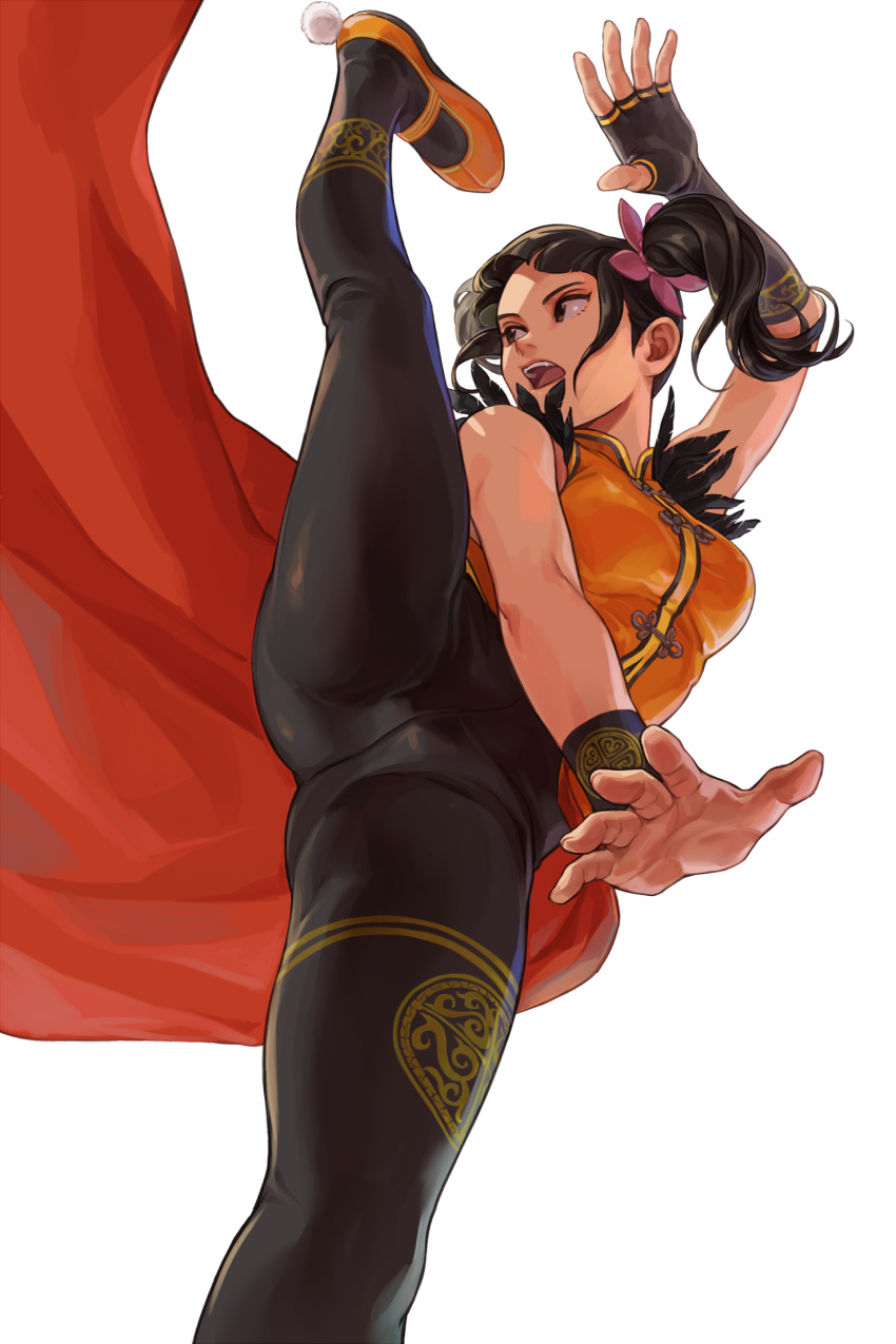 1girl black_eyes black_hair breasts commentary english_commentary female fighting_stance fingerless_gloves flats foot_out_of_frame gloves halogenkn highres leg_up ling_xiaoyu looking_away medium_breasts namco one_leg_raised open_mouth simple_background single_fingerless_glove single_glove solo standing_on_one_leg tekken tekken_7 upper_teeth white_background