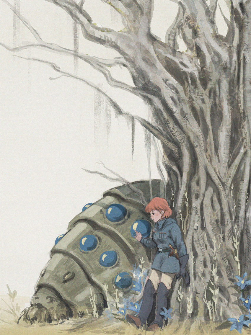 1girl arm_at_side bare_tree belt black_footwear black_gloves blue_coat blue_flower blush boots brown_hair bug coat creature earrings flower gloves gloves_removed gori_matsu grass grey_background hand_rest highres insect jewelry kaze_no_tani_no_nausicaa knee_boots leaning leaning_on_object light_smile looking_down nature nausicaa ohmu outdoors plant profile short_hair simple_background solo standing tree wide_shot