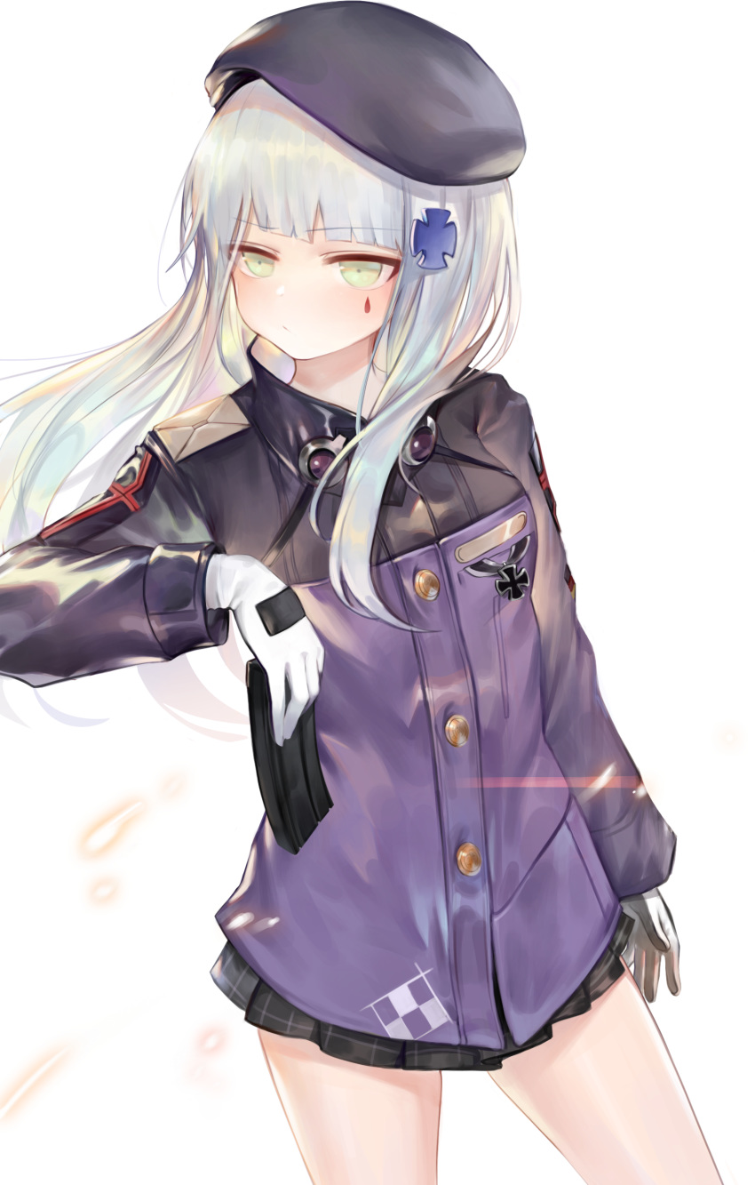 1girl absurdres bangs beret black_headwear black_skirt blush breasts clip_(weapon) closed_mouth commentary_request dokomon eyebrows_visible_through_hair facial_mark girls_frontline gloves green_eyes hair_ornament hat highres hk416_(girls_frontline) holding iron_cross jacket korean_commentary long_hair long_sleeves looking_away looking_to_the_side pleated_skirt purple_jacket silver_hair simple_background skirt small_breasts solo v-shaped_eyebrows very_long_hair white_background white_gloves