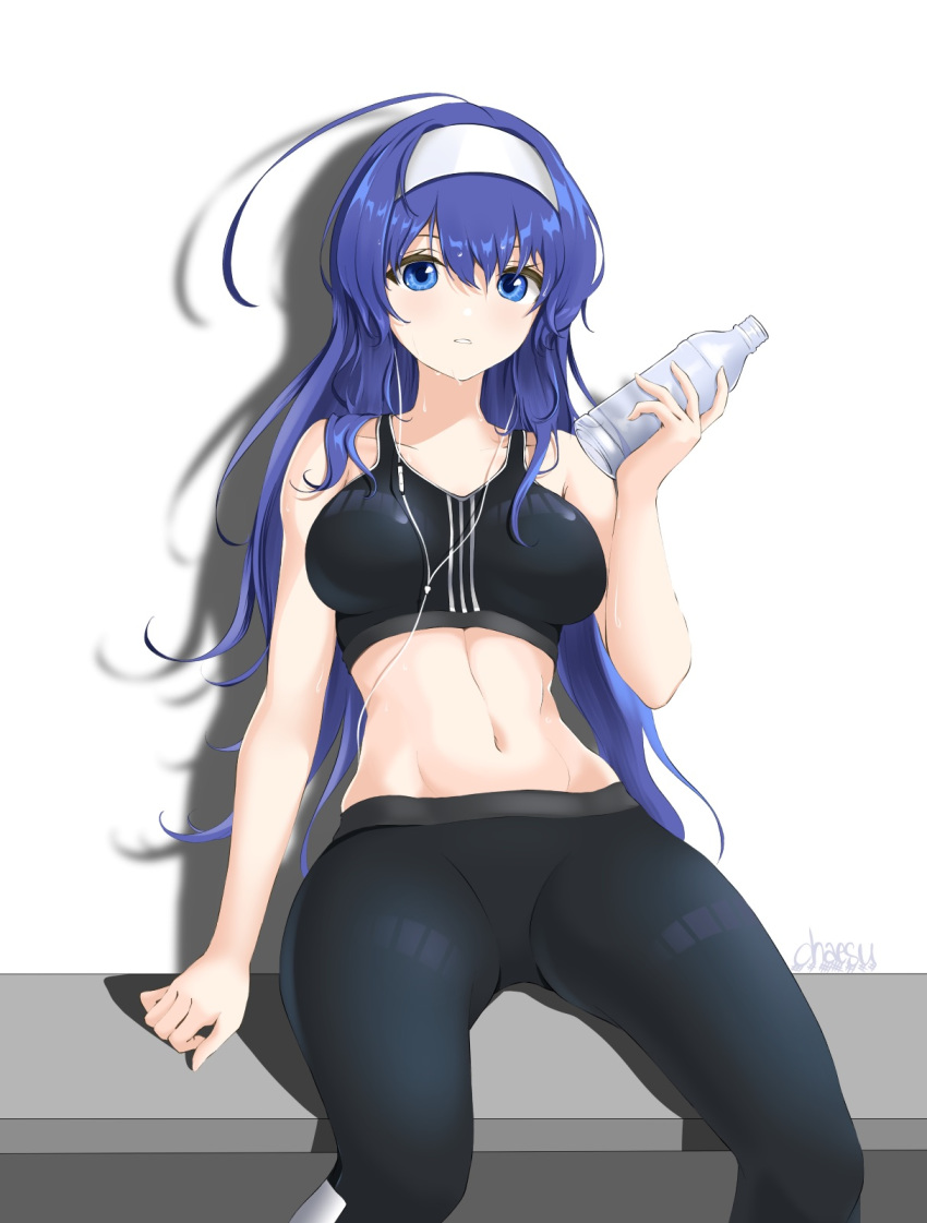 1girl against_wall blue_eyes blue_hair bottle breasts cable chaesu earphones earphones hairband highres listening_to_music long_hair looking_at_viewer medium_breasts midriff orie_(under_night_in-birth) pants shadow sitting solo sports_bra sweat toned under_night_in-birth water_bottle white_hairband yoga_pants