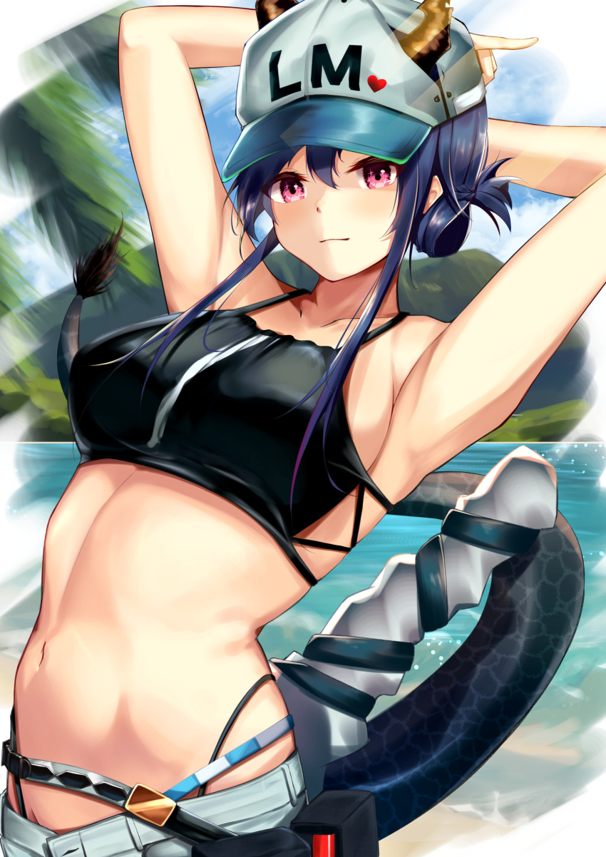 1girl absurdres alternate_hairstyle aratake arknights armpits arms_up bangs bare_arms bare_shoulders baseball_cap bikini black_bikini blue_hair blue_sky breasts ch'en_(arknights) commentary_request day dragon_horns dragon_tail folded_ponytail hair_between_eyes hat heart highleg highleg_bikini highres horns horns_through_headwear long_hair looking_at_viewer medium_breasts navel ocean outdoors pink_eyes pouch sidelocks sky solo stomach swimsuit tail upper_body water