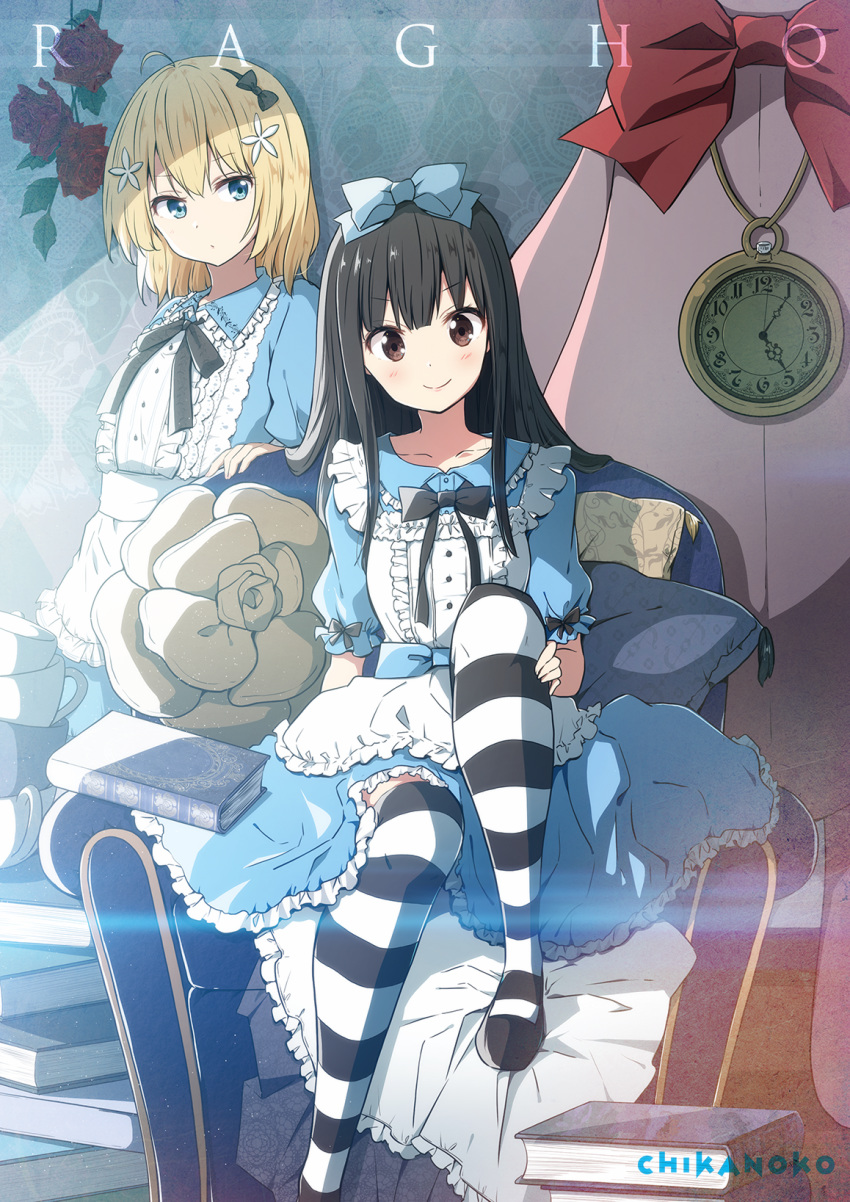 2girls ahoge alice_in_wonderland apron bangs black_hair black_legwear black_ribbon blonde_hair blue_dress blue_eyes blush book book_stack bow brown_eyes clock collarbone commentary_request dress eyebrows_visible_through_hair flower frills hair_bow hair_ornament highres large_bow long_hair medium_hair multiple_girls original pillow ragho_no_erika red_bow ribbon sitting sitting_on_pillow smile striped striped_legwear thigh-highs white_apron white_legwear