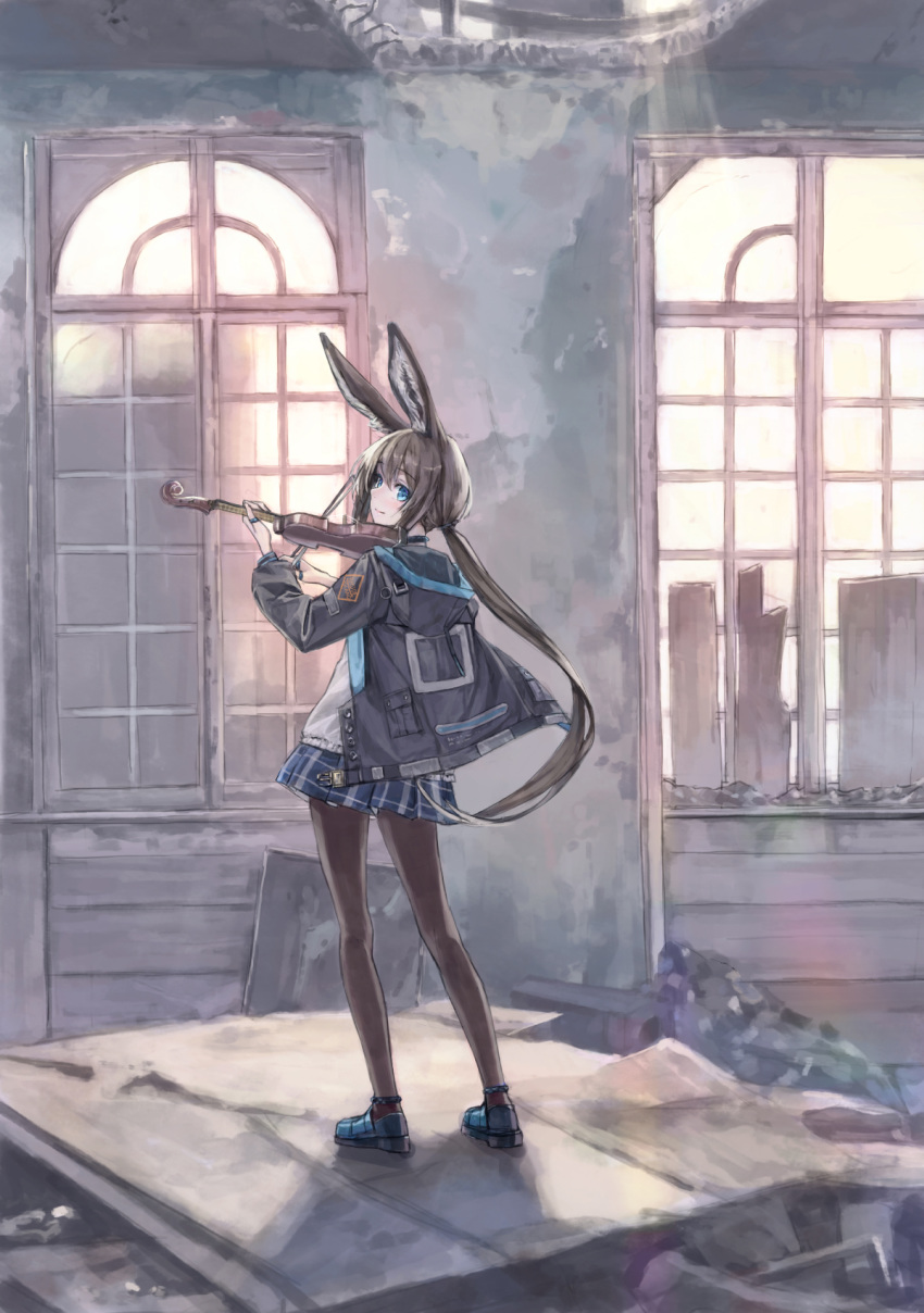 1girl 54cr amiya_(arknights) animal_ear_fluff animal_ears arknights black_jacket black_legwear blue_eyes brown_hair closed_mouth commentary_request from_behind full_body highres indoors instrument jacket long_hair long_sleeves looking_at_viewer looking_back pantyhose shoes smile solo standing violin window