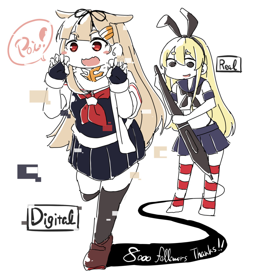 2girls animal_ears blonde_hair commentary_request dagappa fake_animal_ears followers genderswap genderswap_(mtf) hair_flaps headband highres kantai_collection multiple_girls sailor_collar shimakaze_(kantai_collection) short_eyebrows sidelocks thank_you translation_request yuudachi_(kantai_collection)