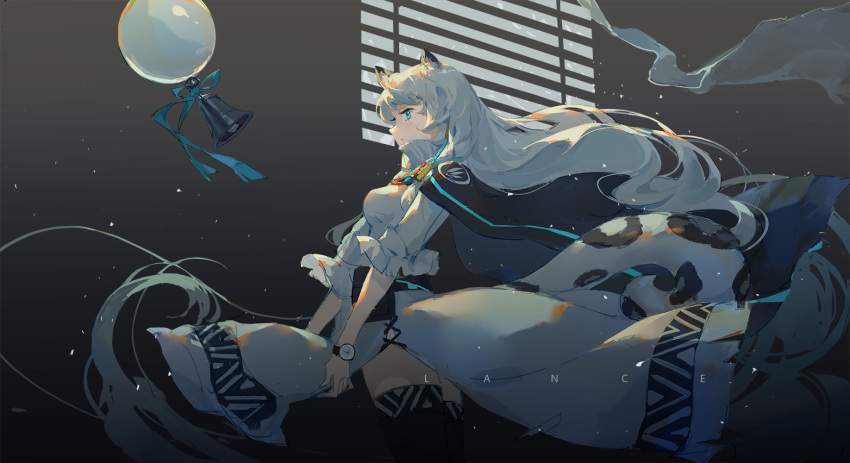 1girl animal_ear_fluff animal_ears aqua_eyes arknights bell coat curtains floating floating_hair floating_object flowing_dress full_body grey_legwear highres jewelry lance_(lancelliu) leopard_ears leopard_tail necklace pramanix_(arknights) ribbon skirt tail thigh-highs watch white_hair