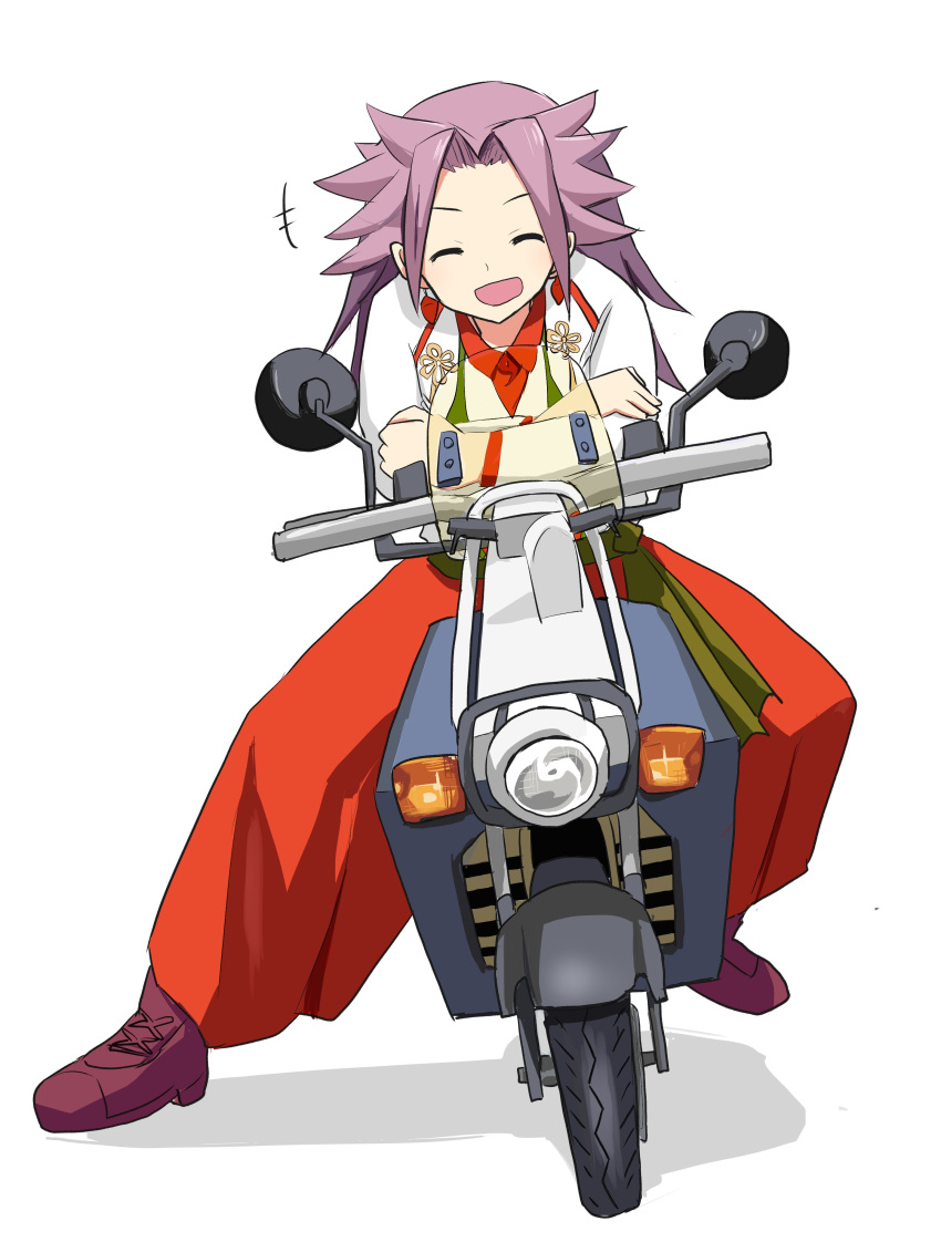 1girl ^_^ absurdres closed_eyes dress_shirt facing_viewer full_body ground_vehicle highres jun'you_(kantai_collection) kantai_collection kitagawa_(ktgw_116) long_hair magatama motor_vehicle motorcycle on_motorcycle open_mouth purple_footwear purple_hair remodel_(kantai_collection) scooter shirt shoes simple_background sneakers solo spiky_hair vest violet_eyes white_background
