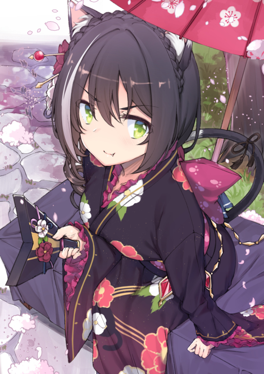 &gt;:) 1girl alternate_costume alternate_hairstyle animal_ear_fluff animal_ears black_hair black_kimono braid cat_ears cat_girl cat_tail crown_braid drill_hair eyebrows_visible_through_hair fang fang_out flower frilled_kimono frilled_sleeves frills from_above green_eyes hair_between_eyes hair_flower hair_ornament hair_stick highres japanese_clothes kaname_(melaninusa09) kimono kyaru_(princess_connect) leaning_forward long_sleeves multicolored_hair new_year obi oriental_umbrella outdoors princess_connect! princess_connect!_re:dive ribbon sash side_drill sitting solo streaked_hair tail tail_ribbon umbrella wide_sleeves yukata