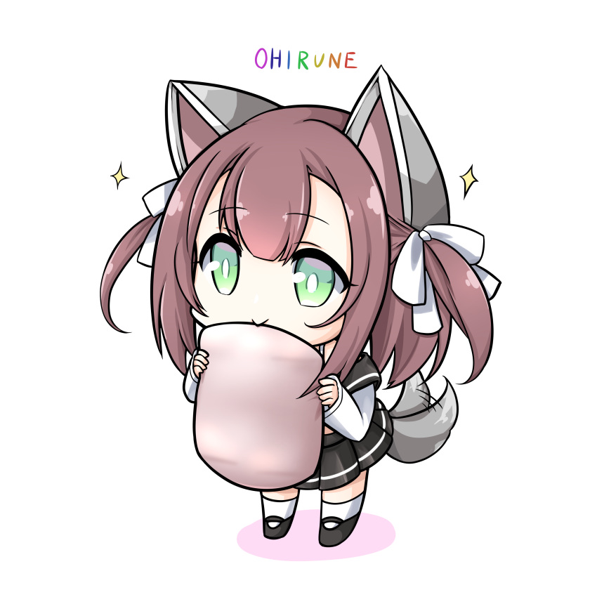 1girl absurdres afterimage animal_ears azur_lane bangs black_footwear black_sailor_collar black_skirt brown_hair chibi commentary_request dog_ears dog_tail eyebrows_visible_through_hair full_body green_eyes hair_between_eyes hair_ribbon highres holding holding_pillow kinokan pillow pleated_skirt ribbon romaji_text sailor_collar school_uniform serafuku shadow shiratsuyu_(azur_lane) shoes sidelocks simple_background skirt smile socks solo sparkle standing tail tail_wagging two_side_up white_background white_legwear white_ribbon white_serafuku