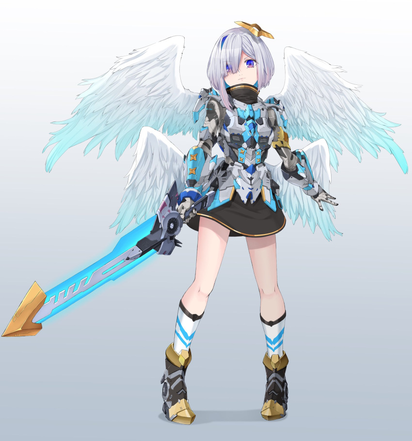 1girl amane_kanata angel angel_wings armor armored_boots blue_eyes boots energy_sword eyebrows_visible_through_hair feathered_wings full_body gradient gradient_background grey_hair halo highres hololive kneehighs miniskirt multicolored_hair multiple_wings sakuraosmanthus serious skirt solo sword two-tone_hair virtual_youtuber weapon wings