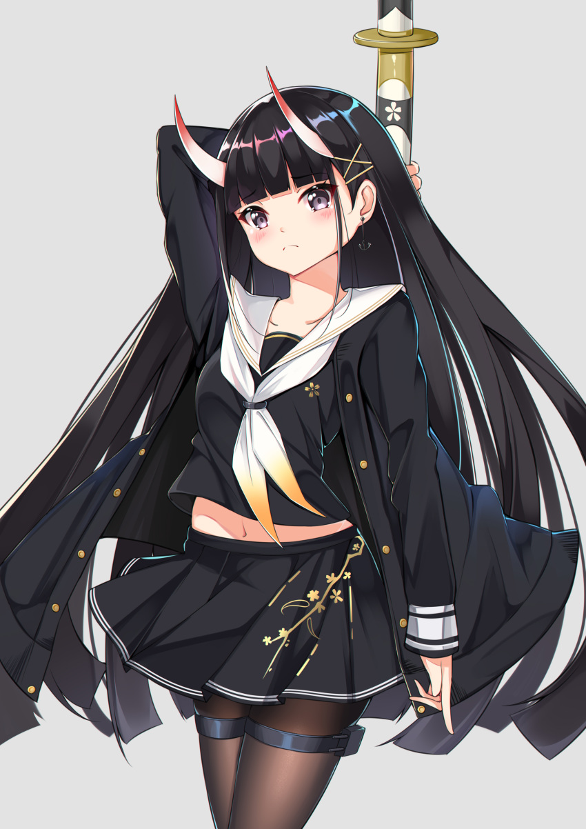 1girl absurdres arm_behind_head azur_lane bangs black_hair black_jacket black_legwear black_serafuku black_skirt blush breasts collarbone commentary_request frown grey_background hair_ornament hairclip highres jacket long_hair long_sleeves looking_at_viewer navel noshiro_(azur_lane) oni_horns pantyhose pleated_skirt sailor_collar school_uniform serafuku shirt simple_background skirt small_breasts solo tming very_long_hair violet_eyes x_hair_ornament