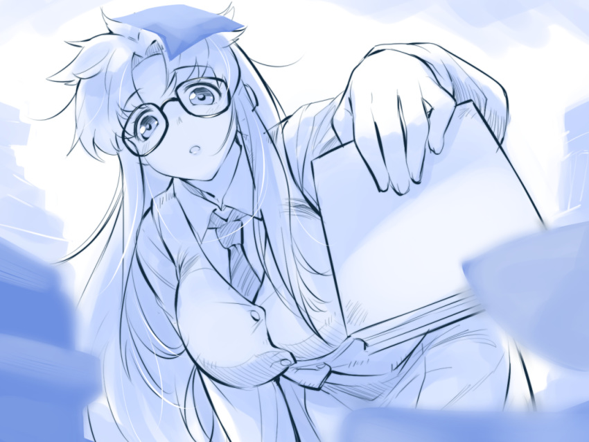 1girl :o bent_over blue_theme book buttons collared_shirt eyebrows_visible_through_hair glasses hair_intakes holding holding_book long_hair long_sleeves looking_at_viewer necktie open_mouth r.o.d_the_tv read_or_die shirt skirt solo very_long_hair vest yomiko_readman youhei_64d