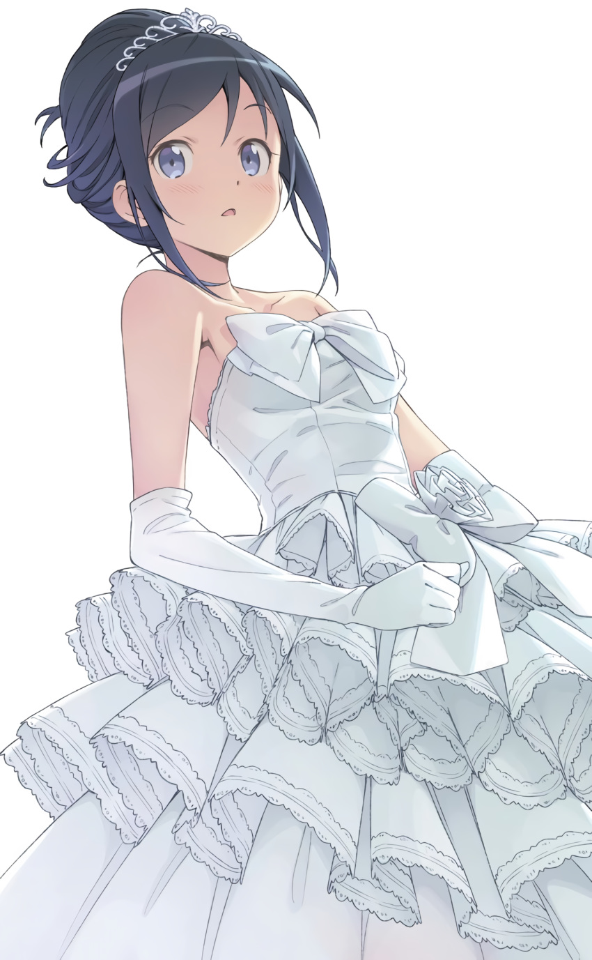 1girl absurdres aragaki_ayase bare_shoulders black_hair bow collarbone crown dress elbow_gloves eyebrows_visible_through_hair gloves highres kanzaki_hiro light_blush looking_at_viewer official_art open_mouth ore_no_imouto_ga_konna_ni_kawaii_wake_ga_nai sidelocks simple_background sleeveless sleeveless_dress solo strapless strapless_dress tiara wedding_dress white_background white_dress white_gloves