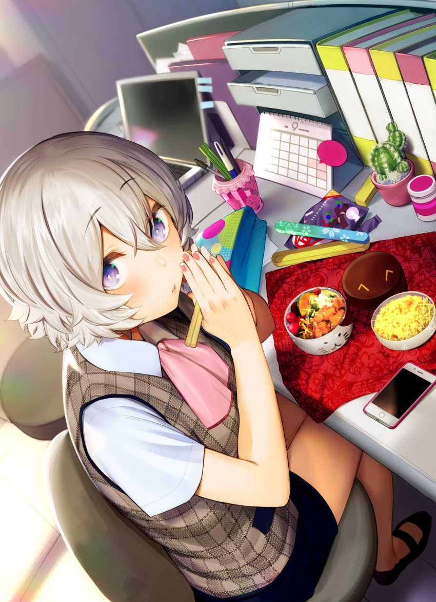 1girl akagi_asahito ascot bag binder black_footwear black_legwear blush cactus calendar_(object) candy chair chopsticks closed_mouth computer desk eyebrows_visible_through_hair food from_behind furoshiki highres holding kirigiri_saori laptop looking_at_viewer mary_janes miniskirt obentou office office_chair office_lady own_hands_together pen phone pink_nails pink_neckwear plaid plaid_vest shoes short_hair short_sleeves shounen_chotto_sabotteko! sitting skirt solo sticky_note vest violet_eyes