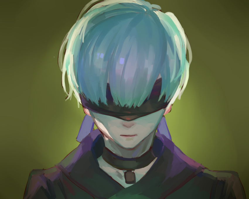 1boy black_blindfold black_choker blindfold choker face green_background male_focus nier_(series) nier_automata parted_lips red_cucumber solo upper_body white_hair yorha_no._9_type_s