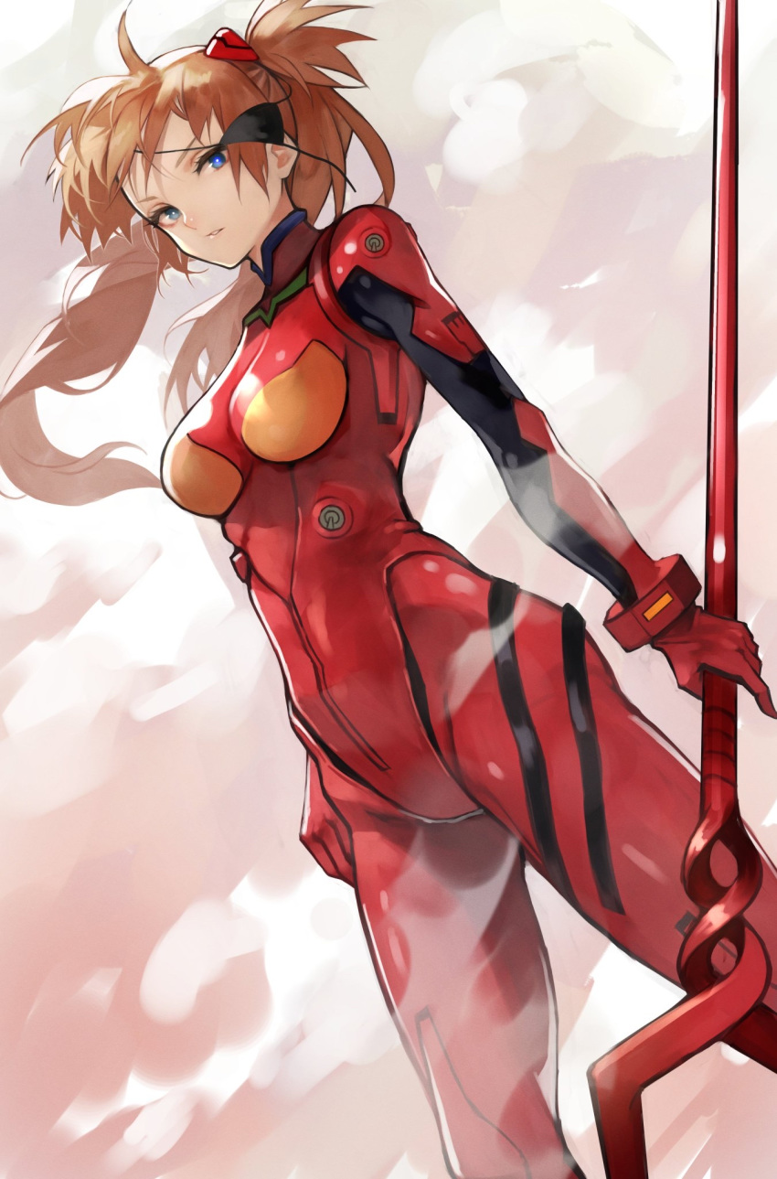 1girl 55level blue_eyes bodysuit breasts brown_hair eyepatch eyepatch_removed green_eyes heterochromia highres holding_lance interface_headset lance_of_longinus long_hair medium_breasts neon_genesis_evangelion parted_lips pilot_suit plugsuit red_bodysuit skin_tight solo souryuu_asuka_langley two_side_up