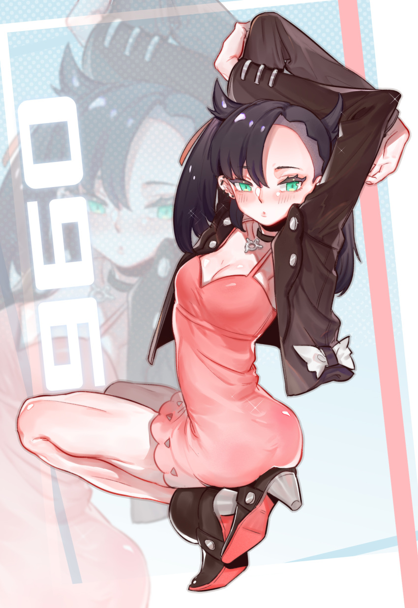 1girl absurdres asymmetrical_bangs asymmetrical_hair bangs black_choker black_jacket choker dress enfluenza full_body highres jacket mary_(pokemon) pink_dress pokemon pokemon_(game) pokemon_swsh solo spread_legs squatting undercut zoom_layer