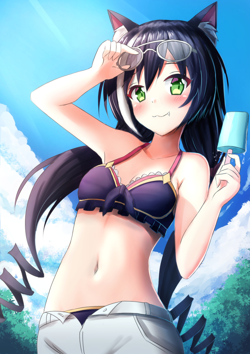 1girl :3 animal_ear_fluff animal_ears arm_up bangs bare_arms bare_shoulders bikini black_hair blue_bikini blue_sky blush breasts cat_ears closed_mouth clouds cloudy_sky commentary_request day eyebrows_visible_through_hair eyewear_lift fang fang_out food frilled_bikini frills green_eyes grey-framed_eyewear hair_between_eyes highres holding holding_food karyl_(princess_connect!) lifted_by_self long_hair multicolored_hair navel open_clothes open_fly open_shorts outdoors popsicle princess_connect! princess_connect!_re:dive prophosphere ringlets shorts sky small_breasts solo streaked_hair swimsuit twintails very_long_hair white_hair white_shorts