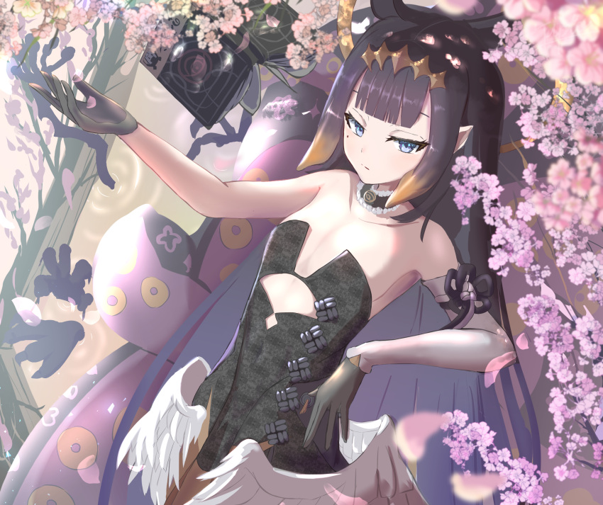 1girl bangs black_dress black_gloves blue_eyes blunt_bangs book branch cherry_blossoms choker clover_print collarbone cutout_above_navel detached_sleeves dress feathered_wings flat_chest fur_trim gloves hair_ornament half_gloves halo heart heart_print highres hololive hololive_english light_blush long_hair looking_at_viewer mole mole_under_eye multicolored_hair ninomae_ina'nis petals reaching_out single_sleeve spade_(shape) strapless strapless_dress tentacles tipto-eb tree two-tone_hair virtual_youtuber wings wormhole