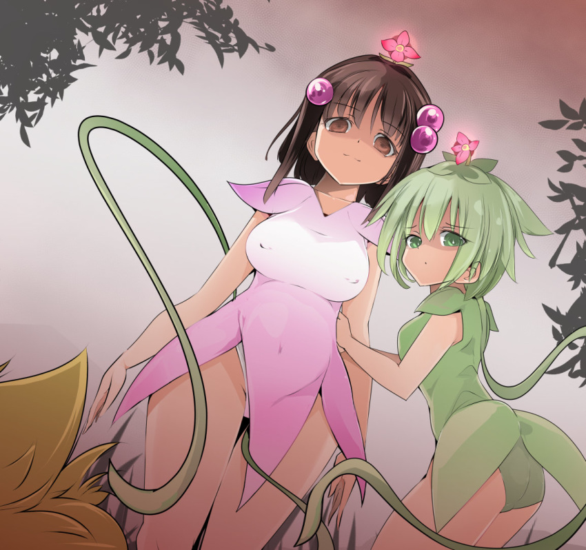 2girls alraune blonde_hair breasts brown_hair covered_navel covered_nipples flower green_eyes green_hair hair_bobbles hair_flower hair_ornament head_flower large_breasts looking_at_viewer medium_hair monster_girl monsterification multiple_girls name_john no_pupils outdoors plant plant_girl reala sleeveless standing tales_of_(series) tales_of_destiny_2 vines