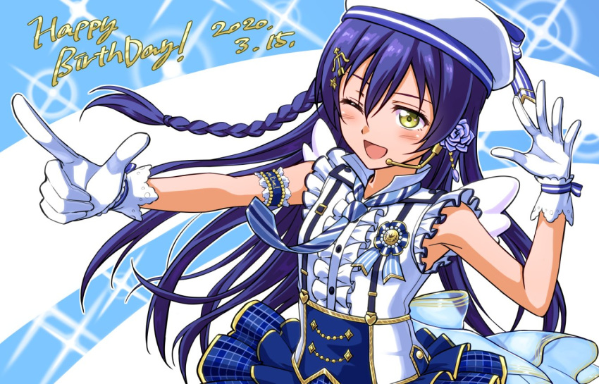 1girl bangs blue_hair commentary_request dated gloves hair_between_eyes hair_ornament hairclip happy_birthday hat headset kyuusenbinore_(gavion) long_hair love_live! love_live!_school_idol_project microphone necktie one_eye_closed open_mouth pointing simple_background sleeveless smile solo sonoda_umi striped striped_neckwear white_gloves yellow_eyes