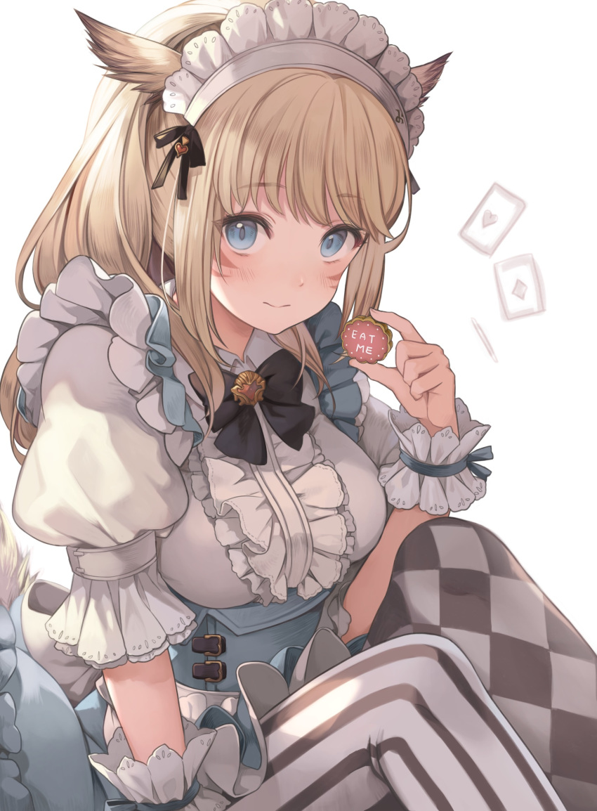 1girl absurdres alice_(wonderland) alice_(wonderland)_(cosplay) alice_in_wonderland animal_ears apron blonde_hair blue_eyes blush card cat_ears cat_girl checkered checkered_legwear commentary_request cookie cosplay eat_me facial_mark final_fantasy final_fantasy_xiv food frilled_apron frilled_hairband frills hairband headdress highres holding holding_cookie holding_food looking_at_viewer maid_headdress miqo'te pantyhose playing_card puffy_short_sleeves puffy_sleeves short_sleeves sitting solo srm_chi striped striped_legwear vertical-striped_legwear vertical_stripes whisker_markings white_apron wrist_cuffs
