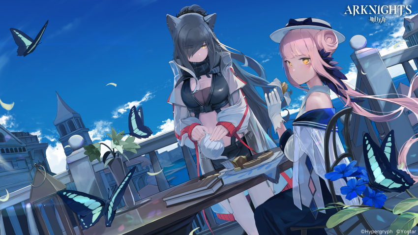 2girls absurdres animal_ears arknights bangs bare_shoulders black_bow black_scarf blue_sky book bow breasts bug building butterfly cat_ears ceylon_(arknights) chair clouds copyright_name cowboy_shot crop_top cup day dress dutch_angle eyebrows_visible_through_hair food gloves grey_hair hair_bun hair_over_one_eye hand_up hat hat_bow highres holding holding_food holding_teapot insect jacket long_hair long_sleeves looking_at_viewer medium_breasts midriff mikisai multiple_girls open_clothes open_jacket outdoors pink_hair railing scarf schwarz_(arknights) sky smile standing teacup white_dress white_gloves white_headwear white_jacket yellow_eyes