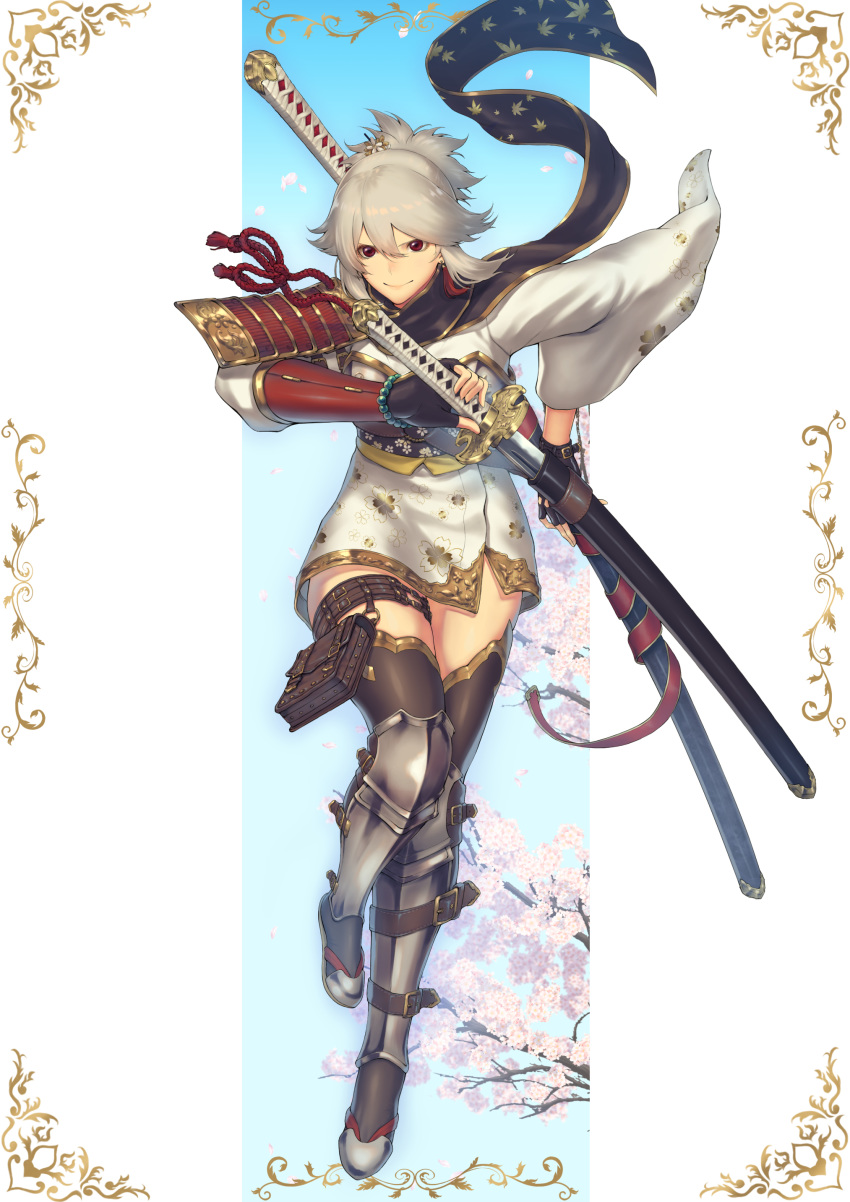 1girl absurdres armor bead_bracelet beads black_gloves black_scarf book bracelet breasts cherry_blossoms closed_mouth earrings fantasy fingerless_gloves floral_print flower gloves greaves grey_hair hair_between_eyes hair_flower hair_ornament highres holding holding_sword holding_weapon japanese_armor japanese_clothes jewelry katana long_sleeves medium_breasts mugetsu2501 ootachi original pauldrons petals pouch red_eyes scabbard scarf sheath single_earring smile solo sword unsheathing vambraces weapon weapon_on_back wide_sleeves
