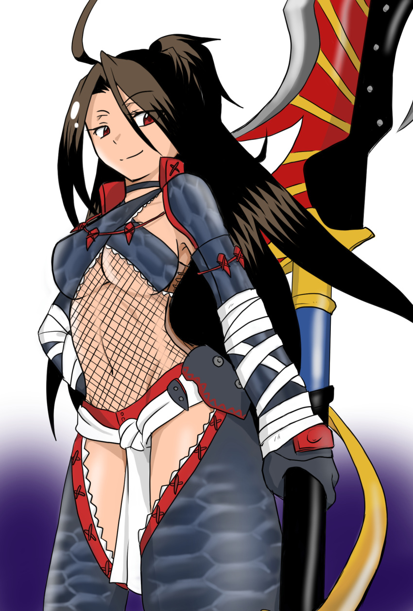 1girl ahoge asakura_hao brown_hair fishnet_top fishnets genderswap genderswap_(mtf) highres long_hair maki_shigeru monster_hunter nargacuga_(armor) red_eyes shaman_king weapon