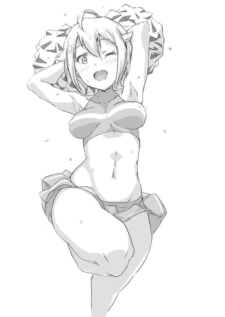 1girl ahoge armpits arms_up bangs bare_shoulders blush breasts cheerleader crop_top greyscale hair_between_eyes highres ibuki_tsubasa idolmaster idolmaster_million_live! looking_at_viewer m_mance medium_breasts miniskirt monochrome navel one_eye_closed open_mouth pom_poms short_hair simple_background skirt smile solo thighs white_background