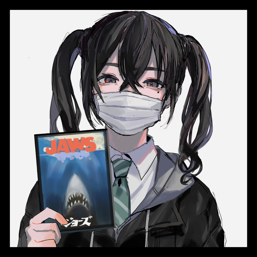 1girl bangs black_border border brown_hair eyebrows_visible_through_hair grey_background grey_eyes hair_between_eyes highres holding idolmaster idolmaster_cinderella_girls jacket jaws_(movie) looking_at_viewer mask mole mole_under_eye mouth_mask necktie nima_(nimamann) solo sunazuka_akira twintails