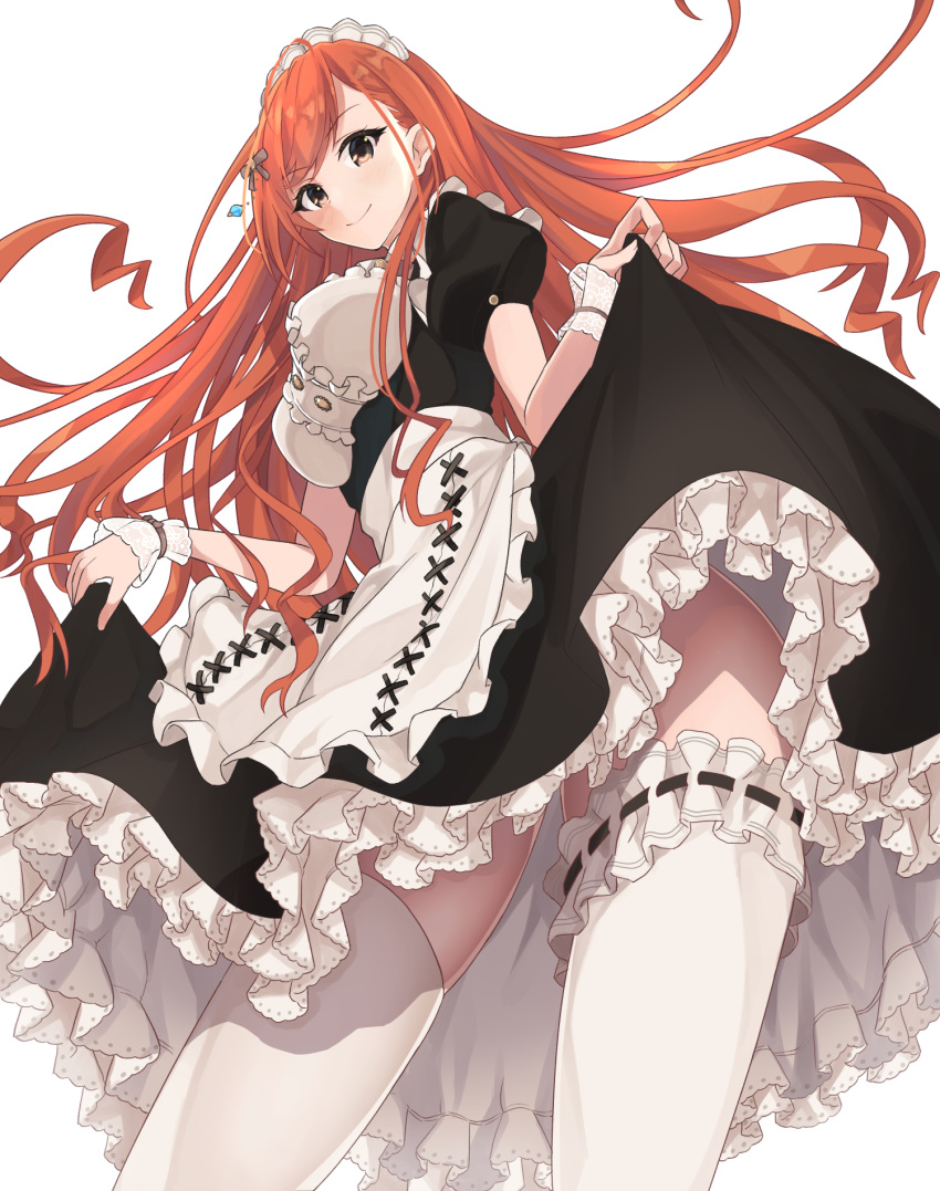 1girl antenna_hair apron arisugawa_natsuha black_bow blush bow breasts brown_eyes center_frills dress frills from_below hair_bow hair_over_shoulder headdress highres idolmaster idolmaster_shiny_colors lace large_breasts long_hair maid maid_apron maid_headdress orange_hair ribbon_trim shirousagi_una short_sleeves simple_background skirt skirt_lift smile solo thigh-highs thigh_strap white_background white_legwear wrist_cuffs
