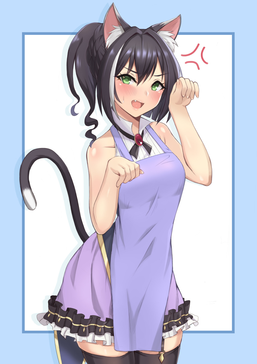 1girl absurdres anger_vein animal_ear_fluff animal_ears apron bangs bare_shoulders black_hair blue_border blush border breasts brooch cat_ears cat_girl cat_tail dress fang green_eyes highres jewelry karyl_(princess_connect!) long_hair looking_at_viewer multicolored_hair open_mouth paw_pose pm_tii_(matuko1024) ponytail princess_connect! princess_connect!_re:dive purple_dress sleeveless sleeveless_dress small_breasts solo streaked_hair tail white_background white_hair