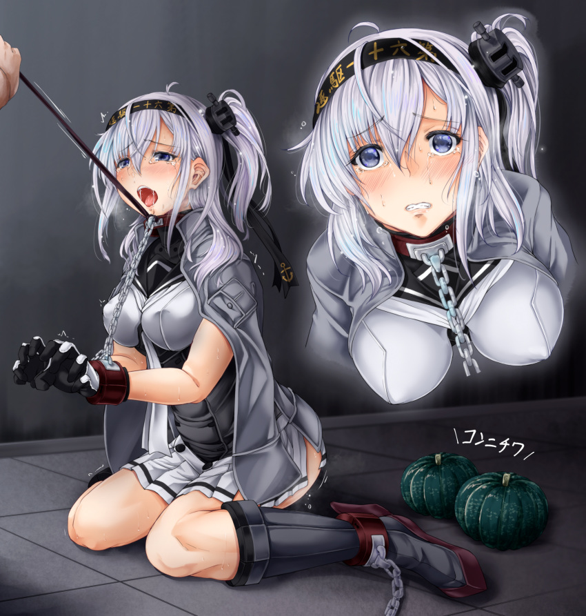1girl anchor_symbol bdsm black_gloves black_headband black_sailor_collar bound bound_arms bound_wrists breasts chain clothes_writing collar corset crying crying_with_eyes_open cuffs gloves grey_jacket hachimaki headband highres jacket kantai_collection long_hair medium_breasts miniskirt multicolored multicolored_clothes multicolored_gloves multiple_views one_side_up pleated_skirt restrained sailor_collar shackles silver_hair skirt suzutsuki_(kantai_collection) tears tsukineko violet_eyes white_gloves white_headband white_neckwear white_skirt