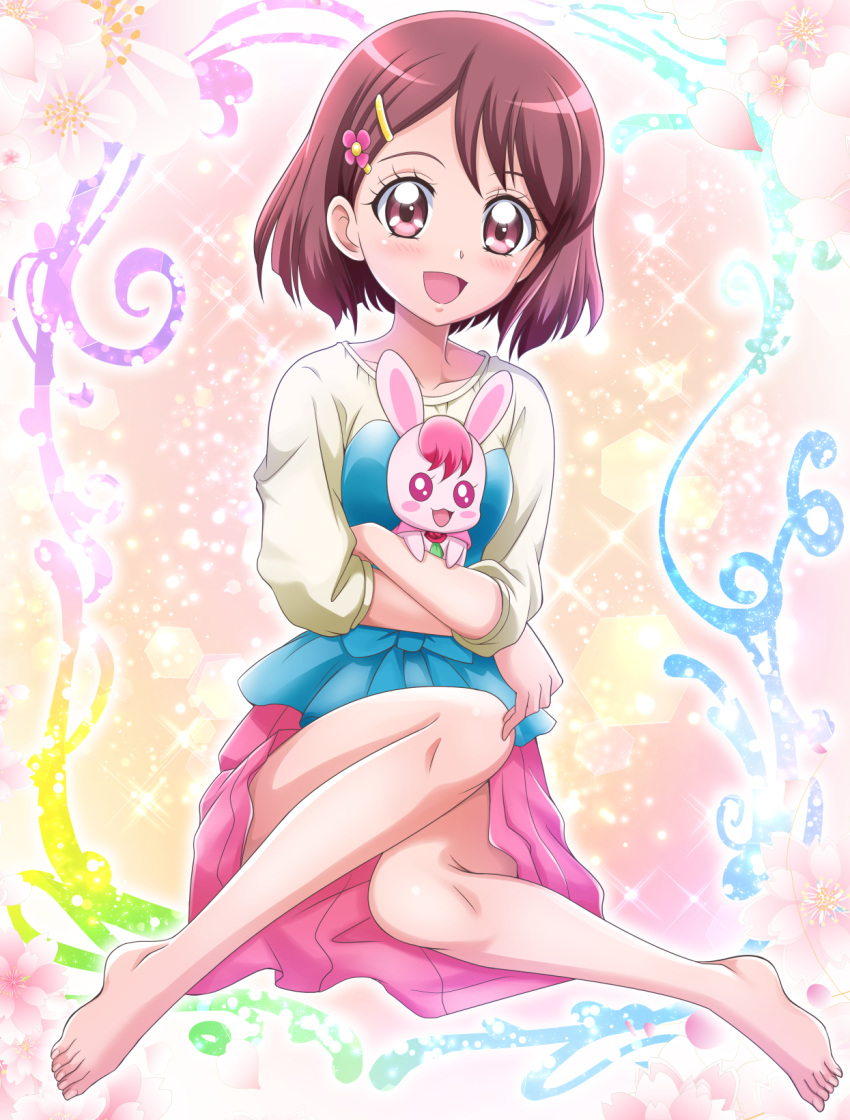 1girl :d bangs barefoot blush brown_hair collarbone crossed_arms flower full_body hair_flower hair_ornament hairclip hanadera_nodoka hanzou healin'_good_precure highres long_sleeves miniskirt open_mouth pink_skirt precure rabirin_(precure) red_eyes red_flower shiny shiny_hair short_hair sitting skirt smile solo sparkle swept_bangs