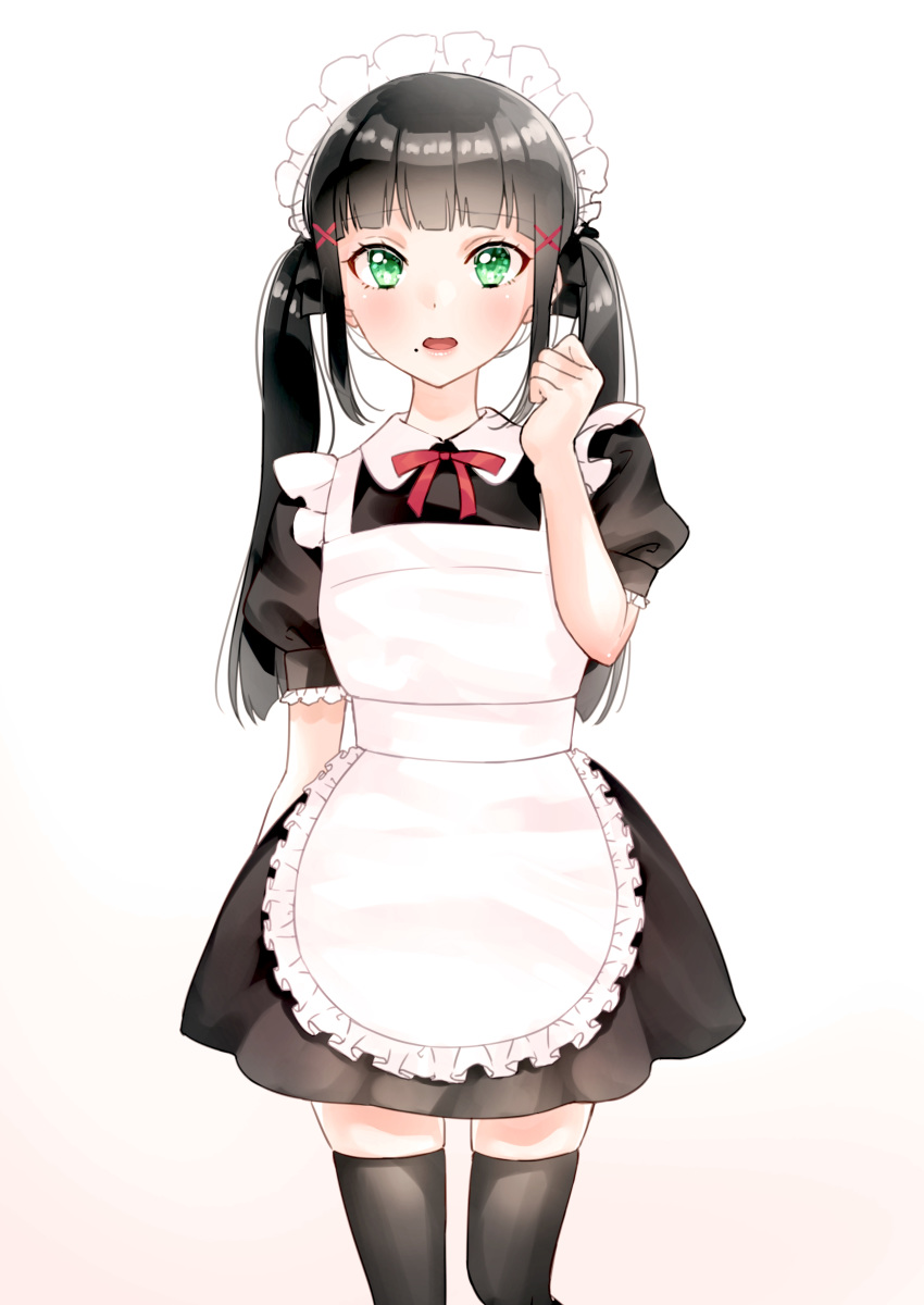 1girl absurdres alternate_costume apron black_dress black_hair black_legwear brown_background collared_dress commentary_request dress enmaided frilled_apron frills gradient gradient_background green_eyes hair_ornament hairclip hand_up highres kurosawa_dia long_hair looking_at_viewer love_live! love_live!_school_idol_project luna_(mi-chanman) maid maid_apron maid_headdress mole mole_under_mouth neck_ribbon open_mouth puffy_short_sleeves puffy_sleeves red_ribbon ribbon short_sleeves sidelocks skindentation solo thigh-highs twintails white_apron white_background x_hair_ornament