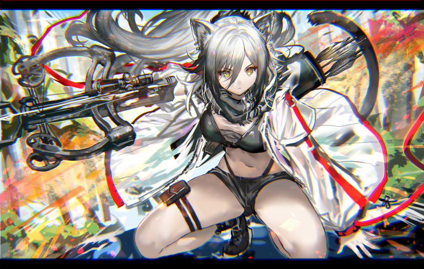 1girl animal_ears arknights arrow_(projectile) belt_pouch black_footwear black_shirt black_shorts bow_(weapon) breasts cat_ears cat_girl cat_tail crop_top crossbow explosion floating_hair grey_hair hair_between_eyes highleg highres holding jacket large_breasts letterboxed long_hair looking_at_viewer midriff navel ponytail pouch quiver ran'ou_(tamago_no_kimi) schwarz_(arknights) scope see-through shirt shoes short_shorts shorts solo squatting stomach tail thigh_strap thighs weapon white_jacket yellow_eyes