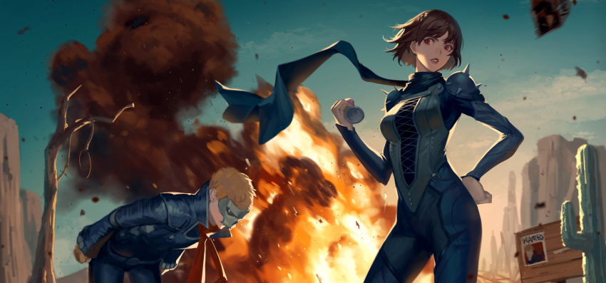 1boy 1girl bare_tree biker_clothes blonde_hair bodysuit bowing brown_hair collared_jacket corset day debris explosion fire floating_hair gloves hand_on_hip hand_up high_collar highres holding jacket lips long_sleeves looking_down looking_to_the_side mask niijima_makoto no_mask outdoors pants parted_lips persona persona_5 phamoz red_eyes rope sakamoto_ryuuji scarf short_hair shoulder_spikes skull_mask smoke spikes standing tree wind