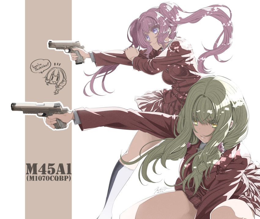 2girls :&gt; aiming backlighting between_legs blazer blonde_hair blue_eyes blue_legwear chibi chibi_inset colored_eyelashes commentary_request dated english_text eyelashes gun hand_between_legs hand_on_own_arm handgun highres holding holding_gun holding_weapon ii-chan_(matsumoto_tomoki) jacket kneehighs leaning_forward long_hair low_twintails m45a1 matsumoto_tomoki multiple_girls neeko_(matsumoto_tomoki) notice_lines original outstretched_arm pink_hair pistol pleated_skirt red_jacket red_skirt school_uniform scrunchie signature simple_background skirt squatting standing trigger_discipline twintails very_long_hair weapon white_background yellow_eyes