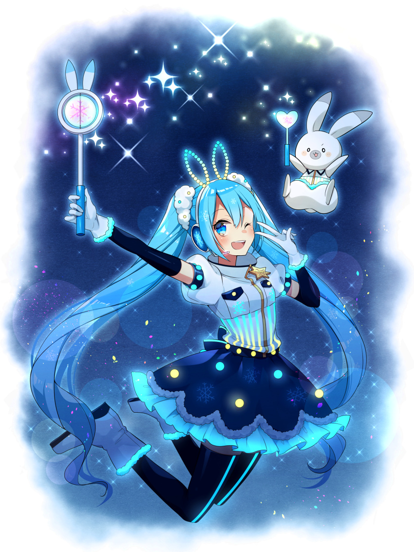 1girl ;d absurdres animal_ears asagao_minoru black_legwear blue_eyes blue_footwear blue_hair blue_skirt blush commentary_request fake_animal_ears gloves hatsune_miku headset highres long_hair one_eye_closed open_mouth puffy_sleeves rabbit_yukine shirt short_sleeves skirt smile solo v very_long_hair vocaloid wand white_gloves white_shirt yuki_miku zipper