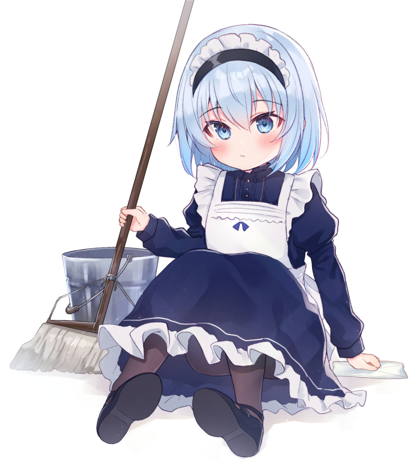 1girl alternate_costume apron bangs black_footwear blue_dress blue_eyes blue_hair brown_legwear bucket commentary_request dress enmaided eyebrows_visible_through_hair frilled_apron frilled_dress frills full_body gyozanuko hair_between_eyes highres juliet_sleeves long_sleeves maid maid_apron maid_headdress mop pantyhose puffy_sleeves rag ryuuou_no_oshigoto! shadow shoe_soles shoes sitting solo sora_ginko white_apron white_background younger