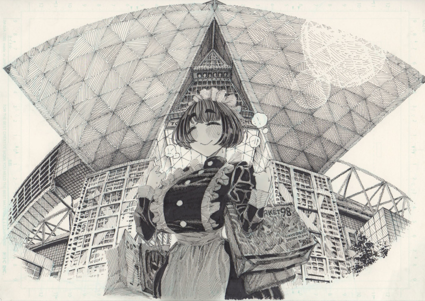 1girl angry bag blush breath building closed_eyes closed_mouth eyebrows_visible_through_hair greyscale hatching_(texture) highres holding holding_bag imomonono maid maid_headdress monochrome original outdoors shopping_bag short_hair smile solo sweat traditional_media tree turtleneck