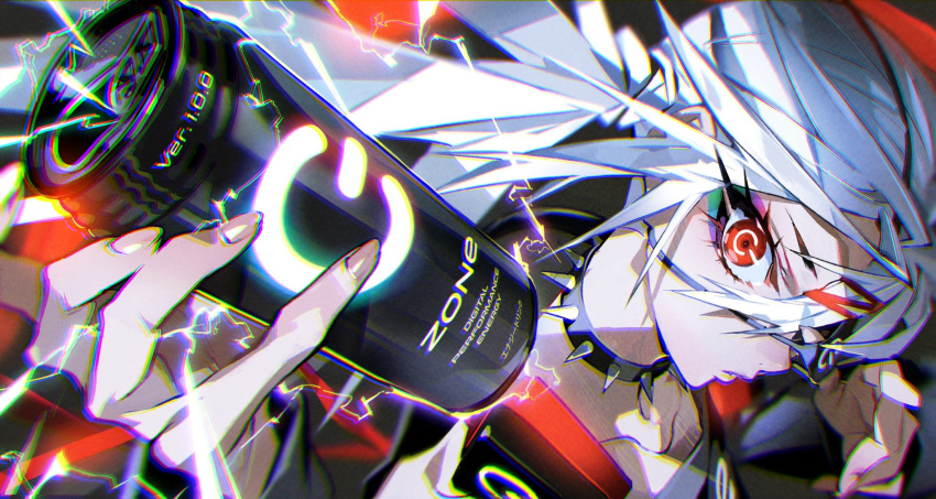 1girl black_collar black_eyepatch can chromatic_aberration collar collarbone electricity eyepatch eyepatch_pull eyeshadow face fingernails glowing hair_ornament headphones headphones_around_neck highres holding holding_can makeup original power_symbol red_eyes solo spiked_collar spikes white_hair yoneyama_mai