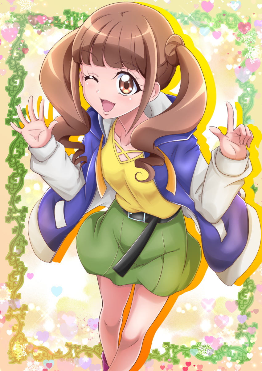 1girl ;d bangs belt belt_buckle black_belt brown_eyes brown_hair buckle cardigan eyebrows_visible_through_hair green_skirt hanzou healin'_good_precure heart highres hiramitsu_hinata hood hood_down hooded_cardigan index_finger_raised long_hair miniskirt one_eye_closed open_cardigan open_clothes open_mouth outstretched_hand precure shiny shiny_hair shirt skirt smile solo sparkle standing twintails yellow_shirt